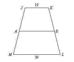 For trapezoid jklm, a and b are midpoints of the legs. find ab. question 3 options