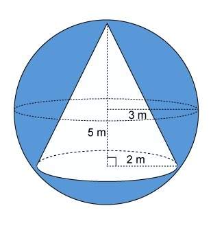 The figure is a sphere with a cone within it. what is the volume of the shaded part of t