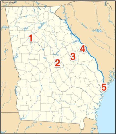 Which number on the map represents the capital of georgia immediately before the capital became atla