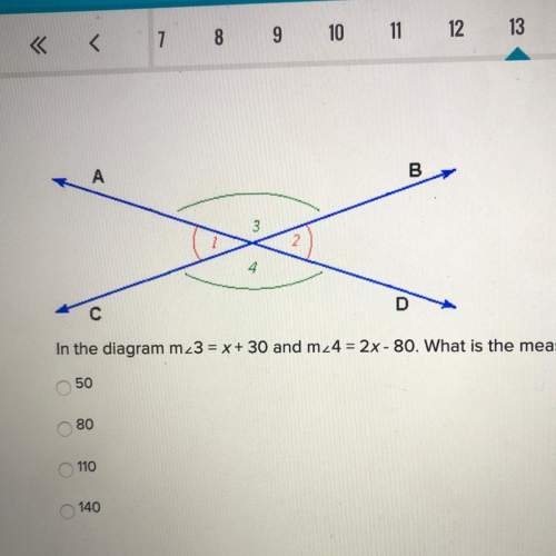 In the diagram m ∠ 3 = x + 30 and m ∠ 4 = 2x - 80. what is the measure of angle 3?  50