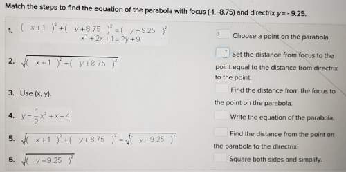 Match the steps to find the equation of the parabola with focus (-1,-8.75) and directrix y=-9.25.