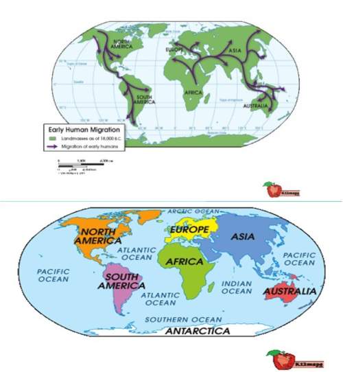 Use the maps below to answer the following question:  to which continents did humans migrate l