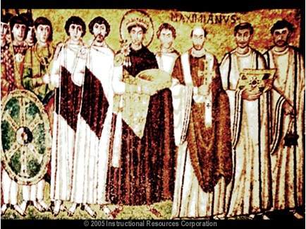 This mosaic shows a byzantine emperor and his attendants. examine the image and use the clues you fi