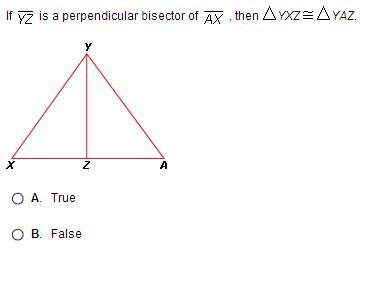 If yz is a perpendicular bisector of ax, then yxz ~ yaz.  a. true  b. false&lt;