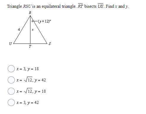 20. triangle rsuis an equilateral triangle. rt bisects us. find x and y.