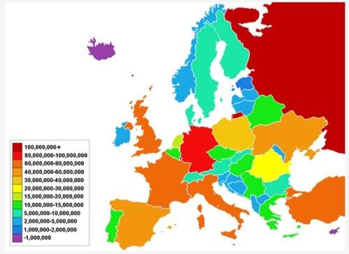 Answer use the map below that shows the populations of european countries to answer the follow