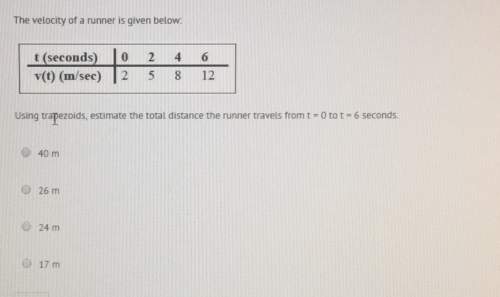 The velocity of a runner is given below. using trapezoids, estimate the total distance the runner tr