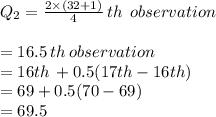 Q_2 = \frac{2\times{(32+1)}}{4}\, th\:\:observation\\\\ \:\:\:=16.5\,th\:observation\\\: \:\:= 16th\,+0.5(17th-16th)\\\:\:\:= 69 + 0.5(70-69)\\\:\:\:= 69.5