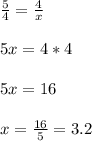 \frac{5}{4}=\frac{4}{x}\\ \\ 5x=4*4\\ \\ 5x=16\\ \\ x=\frac{16}{5}=3.2