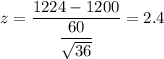 z=\dfrac{1224-1200}{\dfrac{60}{\sqrt{36}}}=2.4