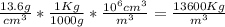 \frac{13.6 g}{cm^3} * \frac{1 Kg}{1000g} * \frac{10^6 cm^3}{m^3} = \frac{13600 Kg}{m^3}