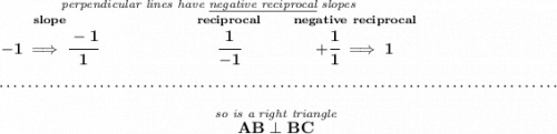 \bf \stackrel{\textit{perpendicular lines have \underline{negative reciprocal} slopes}} {\stackrel{slope}{-1\implies \cfrac{-1}{1}}\qquad \qquad \qquad \stackrel{reciprocal}{\cfrac{1}{-1}}\qquad \stackrel{negative~reciprocal}{+\cfrac{1}{1}\implies 1}} \\\\[-0.35em] ~\dotfill\\\\ ~\hfill \stackrel{\textit{so is a right triangle}}{AB\perp BC}~\hfill