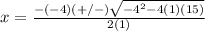x=\frac{-(-4)(+/-)\sqrt{-4^{2}-4(1)(15)}} {2(1)}
