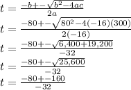 t=\frac{-b+-\sqrt{b^2-4ac} }{2a}\\ t=\frac{-80+-\sqrt{80^2-4(-16)(300)} }{2(-16)}\\ t=\frac{-80+-\sqrt{6,400+19,200} }{-32}\\ t=\frac{-80+-\sqrt{25,600} }{-32}\\ t=\frac{-80+-160}{-32}