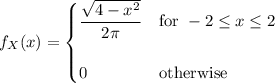 f_X(x)=\begin{cases}\dfrac{\sqrt{4-x^2}}{2\pi}&\text{for }-2\le x\le2\\\\0&\text{otherwise}\end{cases}