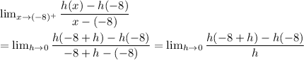 \lim_{x \to (-8)^+} \dfrac{h(x)-h(-8)}{x-(-8)}\\\\=\lim_{h \to 0} \dfrac{h(-8+h)-h(-8)}{-8+h-(-8)}= \lim_{h\to 0} \dfrac{h(-8+h)-h(-8)}{h}
