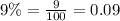 9\%=\frac{9}{100}=0.09