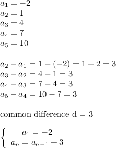 a_1=-2\\a_2=1\\a_3=4\\a_4=7\\a_5=10\\\\a_2-a_1=1-(-2)=1+2=3\\a_3-a_2=4-1=3\\a_4-a_3=7-4=3\\a_5-a_4=10-7=3\\\\\text{common difference d = 3}\\\\\left\{\begin{array}{ccc}a_1=-2\\a_n=a_{n-1}+3\end{array}\right