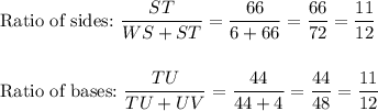 \text{Ratio of sides:}\ \dfrac{ST}{WS+ST}=\dfrac{66}{6+66}=\dfrac{66}{72}=\dfrac{11}{12}\\\\\\\text{Ratio of bases:}\ \dfrac{TU}{TU+UV}=\dfrac{44}{44+4}=\dfrac{44}{48}=\dfrac{11}{12}\\\\
