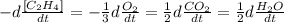 -d\frac{[C_2H_4]}{dt}=-\frac{1}{3}d\frac{O_2}{dt}=\frac{1}{2}d\frac{CO_2}{dt}=\frac{1}{2}d\frac{H_2O}{dt}