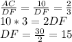 \frac{AC}{DF}=\frac{10}{DF}=\frac{2}{3}\\10*3=2DF\\DF=\frac{30}{2}=15