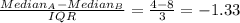\frac{Median_{A}-Median_{B}}{IQR}=\frac{4-8}{3}=-1.33