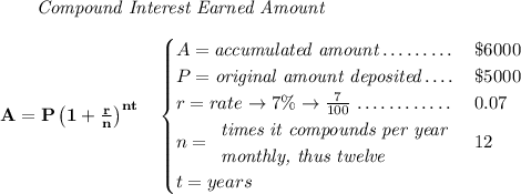 \bf ~~~~~~ \textit{Compound Interest Earned Amount} \\\\ A=P\left(1+\frac{r}{n}\right)^{nt} \quad \begin{cases} A=\textit{accumulated amount}\dotfill&\$6000\\ P=\textit{original amount deposited}\dotfill &\$5000\\ r=rate\to 7\%\to \frac{7}{100}\dotfill &0.07\\ n= \begin{array}{llll} \textit{times it compounds per year}\\ \textit{monthly, thus twelve} \end{array}\dotfill &12\\ t=years \end{cases}