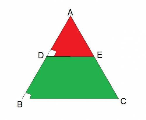 The length of a side of a triangle is 36. a line parallel to that side divides the triangle into two