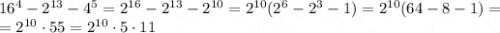 16^4-2^{13}-4^5=2^{16}-2^{13}-2^{10}=2^{10}(2^6-2^3-1)=2^{10}(64-8-1)=\\=2^{10}\cdot55=2^{10}\cdot5\cdot11