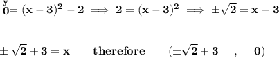 \bf \stackrel{y}{0}=(x-3)^2-2\implies 2=(x-3)^2\implies \pm\sqrt{2}=x-3&#10;\\\\\\&#10;\pm\sqrt{2}+3=x\qquad therefore\qquad (\pm\sqrt{2}+3~~~~,~~~~0)