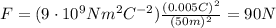 F=(9\cdot 10^9 N m^2 C^{-2})\frac{(0.005 C)^2}{(50 m)^2}=90 N