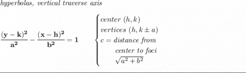 \bf \textit{hyperbolas, vertical traverse axis } \\\\ \cfrac{(y- k)^2}{ a^2}-\cfrac{(x- h)^2}{ b^2}=1 \qquad \begin{cases} center\ ( h, k)\\ vertices\ ( h, k\pm a)\\ c=\textit{distance from}\\ \qquad \textit{center to foci}\\ \qquad \sqrt{ a ^2 + b ^2} \end{cases} \\\\[-0.35em] \rule{34em}{0.25pt}