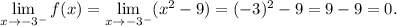 \lim\limits_{x\to-3^-}f(x) = \lim\limits_{x\to-3^-} (x^2 - 9) = (-3)^2 - 9 = 9-9 = 0.