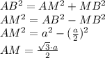 AB^{2}=AM^{2}+MB^{2}\\AM^{2}=AB^{2}-MB^{2}\\AM^{2}=a^{2}-(\frac{a}{2})^{2}\\AM=\frac{\sqrt{3}\cdot a}{2}