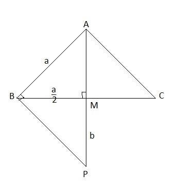 In equilateral ∆abc with side a, the perpendicular to side ab at point b intersects extension of med