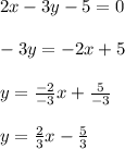 2x - 3y - 5 = 0\\\\-3y=-2x+5\\\\y=\frac{-2}{-3}x+\frac{5}{-3}\\\\y=\frac{2}{3}x-\frac{5}{3}