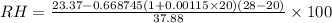 RH = \frac{ 23.37 - 0.668 745(1+0.00115\times20)(28 - 20)}{37.88}\times100