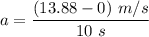 a=\dfrac{(13.88-0)\ m/s}{10\ s}
