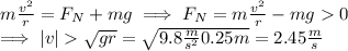 m\frac{v^2}{r} = F_N + mg\implies F_N = m\frac{v^2}{r}-mg0\\\implies |v| \sqrt{gr}=\sqrt{9.8\frac{m}{s^2}0.25m}=2.45\frac{m}{s}