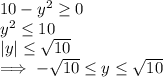 10-y^2\geq0\\y^2\leq 10\\|y|\leq \sqrt{10}\\\implies -\sqrt{10}\leq y \leq \sqrt{10}