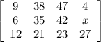 \left[\begin{array}{cccc}9&38&47&4\\6&35&42&x\\12&21&23&27\end{array}\right]