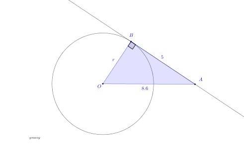 Ab is tangent to circle o at b. find the length of the radius r fur ab=5 and ao=8.6