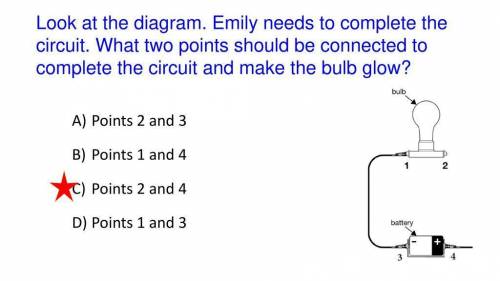 Look at the diagram. emily needs to complete the circuit. what two points should be connected to com