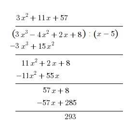 What is the remainder when the polynomial f(x)=3x^3-4x^2+2x+8 is divided by (x-5)