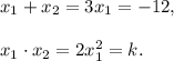 x_1+x_2=3x_1=-12,\\ \\x_1\cdot x_2=2x_1^2=k.