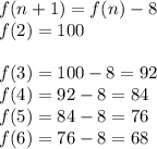f(n+1)=f(n)-8\\f(2)=100\\\\f(3)=100-8=92\\f(4)=92-8=84\\f(5)=84-8=76\\f(6)=76-8=68