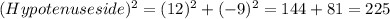 (Hypotenuse side)^2= (12)^2 + (-9)^2 = 144 + 81 = 225
