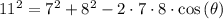 11^2=7^2+8^2-2\cdot 7\cdot 8\cdot\cos\left(\theta\right)