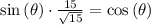 \sin\left(\theta\right)\cdot\frac{15}{\sqrt{15}}=\cos\left(\theta\right)