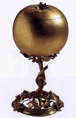 Adrawing by  may have been used as the basis for the apple cup (below), but the metalwork was a coll